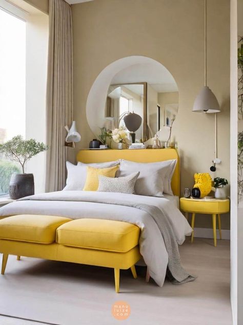 We're revealing the power of yellow in the most beautiful 35 ideas for a modern yellow bedroom decor that will transform your space. Ideas of: yellow bedroom ideas, modern bedroom decor, mustard yellow bedroom, blue and yellow bedroom, yellow bedroom wall, baddie apartment ideas bedroom, spring bedroom ideas, summer bedroom aesthetic, classy bedroom, best bedroom colors, wall decor ideas for bedroom, modern bedroom design, modern bedroom ideas, organic modern bedroom, modern bedroom interior. Bedroom Aesthetic Classy, Bedroom Blue And Yellow, Bedroom Ideas Organic Modern, Modern Yellow Bedroom, Bedroom Ideas Summer, Spring Bedroom Ideas, Mustard Yellow Bedroom, Summer Bedroom Aesthetic, Blue And Yellow Bedroom