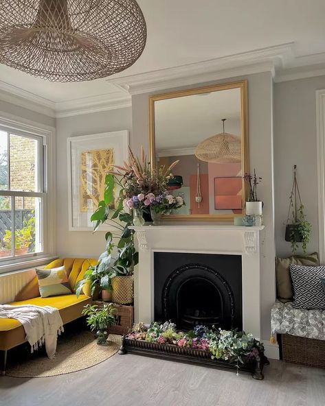 22 Yellow and Gray Living Room Ideas That Are Worth Copying Fireplace Decor With Mirror, Gas Fireplace Mantel, Mirror Mantle, Above Fireplace Ideas, Gray Living Room Ideas, Mantel Decorating Ideas, Grey Walls Living Room, Gray Living Room, Yellow Couch