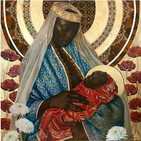 Harmonia Rosales’s “Our Lady of Regla,” 2019, oil and 24-karat gold leaf on panel. It was among the artist’s works that were briefly on view in March at MoCADA in Brooklyn.Credit...Harmonia Rosales Black Female Artists, Black Women Artists, Black Madonna, Afro Cuban, Afrocentric Art, African Diaspora, Afro Art, Catholic Art, African American Art