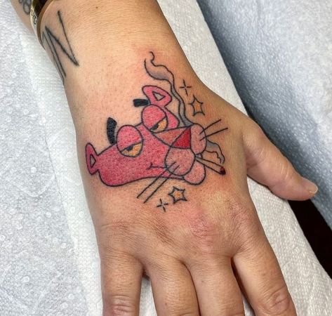 Pink Panther Tattoos, Pink Panther Tattoo, Tattoo Patchwork, Bold Tattoo, Hand Tatto, Body Tattoo Design, Panda Tattoo, Panther Tattoo, Kawaii Tattoo