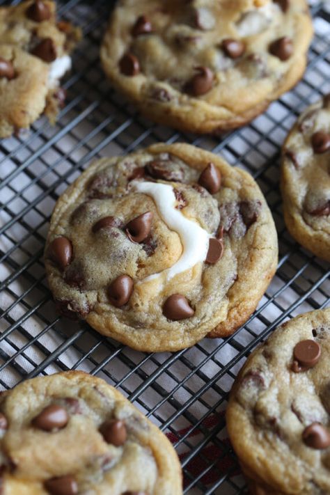 Smores Stuffed Chocolate Chip Cookies Chocolate Chip Cookie With Marshmallow, Chocolate Chip Cookies With Marshmallows Recipe, Chocolate And Marshmallow Cookies, Smore Chocolate Chip Cookies Easy, Cookies With Marshmallows In Them, Chocolate Chip And Marshmallow Cookies, Chocolate Chip Cookies With Marshmallows, S’more Chocolate Chip Cookies, Easy Smores Cookies