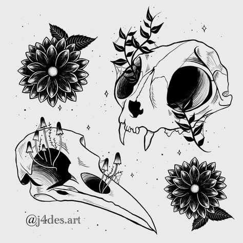 Ravens Skull Tattoo, Raven Skull Tattoo Flower, Gothic Skull Drawing, Animal And Plant Tattoo, Goth Skull Tattoo, Cute Raven Tattoo, Witchy Botanical Tattoo, Gothic Plant Tattoo, Creepy Plant Tattoo