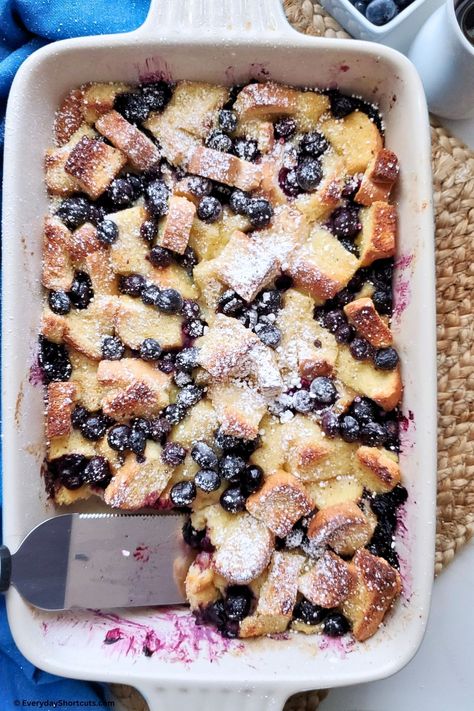 Blueberry French Toast Casserole - Everyday Shortcuts Donut French Toast Casserole, Blueberry Breakfast Casserole, Oven Baked French Toast Casserole, Blueberry French Toast Casserole Overnight, Overnight Blueberry French Toast Bake, French Toast Casserole Easy Quick, Blueberry Cream Cheese French Toast Bake, Donut French Toast, Brioche French Toast Casserole