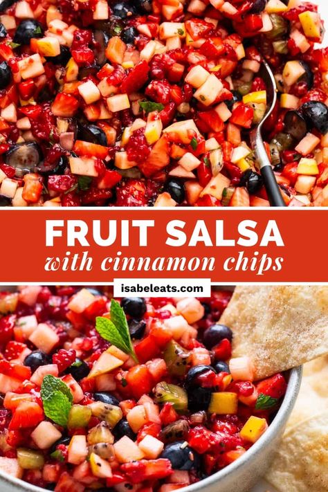 This fruit salsa is my go-to potluck and party dish that everyone loves. It's made with five different fruits, mint, and lemon juice! Fruit Salsa Recipe, Sweet Appetizer, Dessert Dip, Fresh Fruit Recipes, Cinnamon Chips, Fruit Salsa, Fruity Desserts, Dessert Dips, Fruit Dip