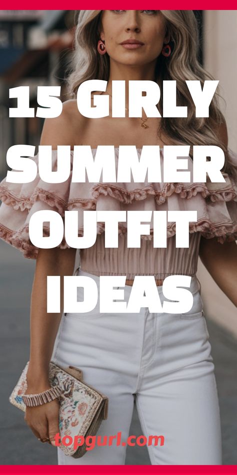 15 Girly Summer Outfit Ideas That’ll Keep You Cool and Cute Pink Summer Outfits Girly, Fitted Flirty Summer Top, Feminine Summer Crop Top, Feminine Girly Outfits, Cute Outfits Girly, Couqutte Outfit Ideas Summer, Feminine Pink Off-shoulder Top For Summer, Feminine Outfit Ideas, Summer Weekend Outfit