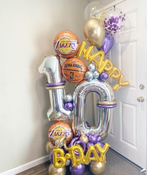 a POP of PAUL! | 🏀💛💜🏀💛💜🏀 #lakers #basketball #lakersparty #lakersballoons #lakersnation #balloonarrangement #balloons #balloondecor #balloonbouquet… | Instagram 24th Kobe Birthday Ideas, Kobe 24th Birthday Theme, Kobe Bryant Themed Birthday Party, Basketball Balloon Bouquet, Kobe Birthday Theme, Lakers Birthday Party Decoration, Kobe Bryant Birthday Theme, Lakers Birthday Party Ideas, Lakers Themed Birthday Party