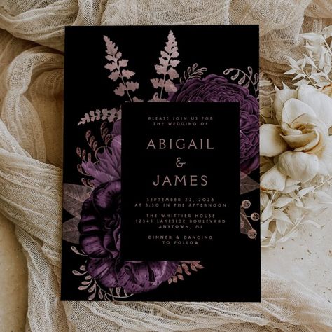 Black And Purple Wedding, Rose Gold Wedding Invitation, Moody Wedding Invitations, Dark Purple Wedding, Dark Wedding Theme, Rose Gold Wedding Invitations, Plum Wedding, Gold Wedding Invitation, Purple Wedding Theme