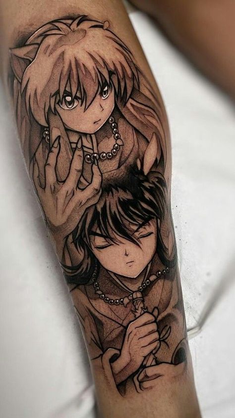 Inuyasha Sleeve Tattoo, Feminine Anime Tattoos, Inuyasha And Kagome Tattoo Ideas, Inuyasha Small Tattoo, Inuyasha Tattoo Design, Inyusha Tattoo Ideas, Inuyasha And Kagome Tattoo, Kagome Tattoo, Inuyasha Tattoo Ideas