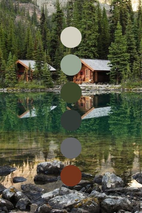 Lake Cabin Color Palette, Woodland Cabin Interior, Lake Superior Color Palette, Ski Lodge Color Palette, Green Cabin Interior, Log Cabin Color Palette, Pnw Nursery, Cabin Color Schemes, Lake House Colors