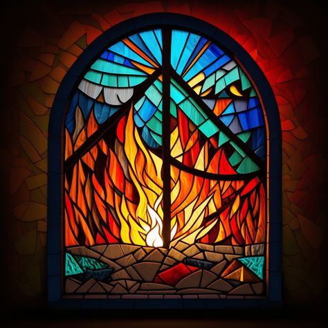 Stained Glass Flames Fire, Fire Stained Glass Art, Fire Stained Glass Pattern, Stained Glass Fire, Wasteland Tattoo, Bakery Mural, Fake Fire, Ar Art, Expression Art