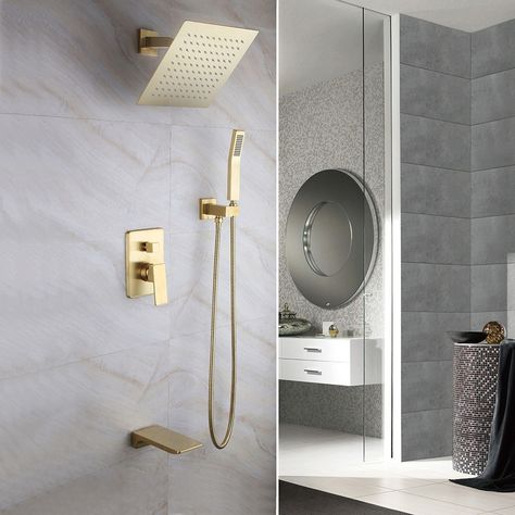 Solid Brass Wall Mount 10" Rainshower Hand Shower & Tub Spout Shower System in Brushed Gold Rain Shower Head Ceiling, Rain Shower System, Shower Faucet Sets, Rainfall Shower Head, Tub Spout, Handheld Shower Head, Rainfall Shower, Gold Wall, Rain Shower Head