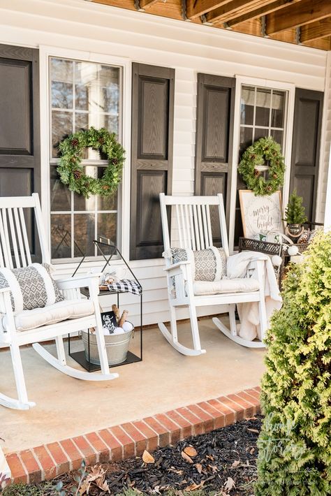 White Rocking Chairs On Front Porch, Farmhouse Christmas Porch, Wrought Iron Patio Set, Porch Kits, Building A Porch, Home Improvement Loans, Farmhouse Front Porches, Farmhouse Porch, Patio Diy