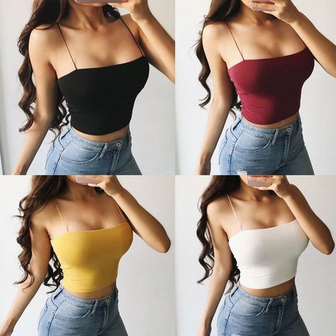 728f206c2a01bf572b5940d7d9a8fa4cdesc52876228ri Black Crop Top Outfit Casual, Black Crop Top Outfit, Top Rojo, Elegant Crop Top, Crop Top Outfit, Spaghetti Strap Crop Top, Vest Crop Top, Colorful Crop Tops, Casual Tanks