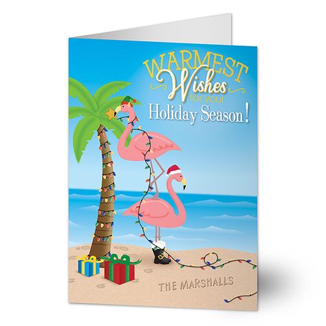 Warmest Wishes Holiday Card Beachy Christmas Cards, Beach Christmas Cards, Beach Christmas Card, Personalized Holiday Cards, Warmest Wishes, Coastal Christmas Decor, Holiday Stationery, Funny Flamingo, Beachy Christmas