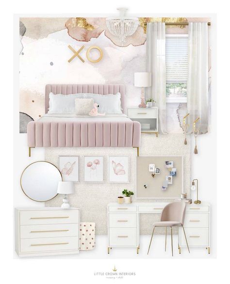 E-Design Reveal: Blush and Gold Girl's Bedroom - Little Crown Interiors 8 Year Girl Room Ideas, Teen Room Designs Girl, Pink Gold White Bedroom, Girly Teenager Bedroom, 8 Year Girl Bedroom Ideas, Pink White And Gold Bedroom, Gold And Pink Bedroom, Teen Room Wallpaper, Pink And Gold Room