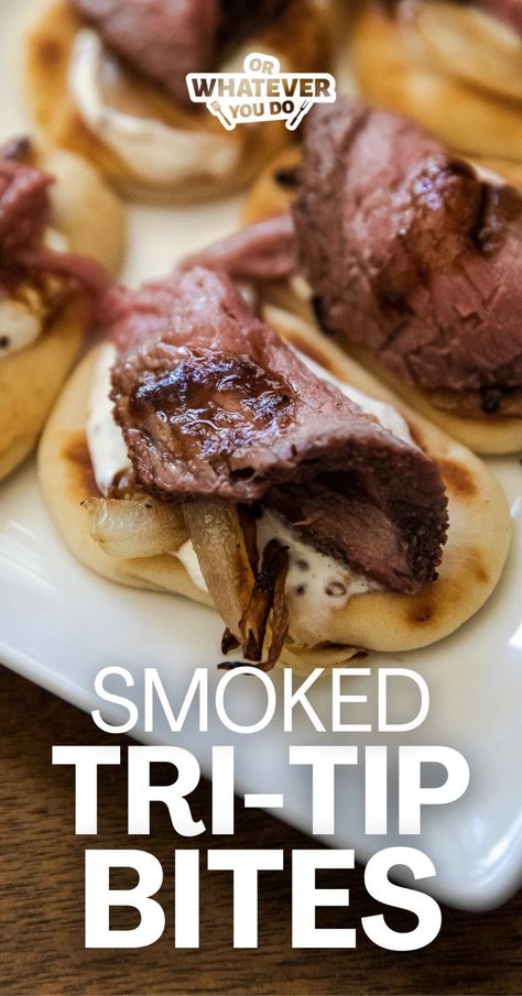 These Tri-Tip Bites are an incredible way to serve delicious steak at your next party in hearty, passable bites! Mini Pita Bread, Hearty Appetizer, Prime Rib Recipe Easy, Leftover Prime Rib Recipes, Easy Smoker Recipes, Smoked Dishes, Smoked Tri Tip, Horseradish Cream Sauce, Outdoor Cooking Recipes