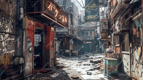 A dark and dirty alleyway in a cyberpunk city | Premium AI-generated image Cyberpunk Alleyway, Street Pictures, Dark Street, Cyberpunk City, Big Cities, City Illustration, Super Secret, Free For Commercial Use, Street Photo