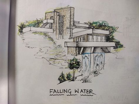 Fallingwater is a house built over a waterfall in southwest Pennsylvania. Falling Water Sketch, Water Sketch, Falling Water, House Drawing, Book Art Diy, Frank Lloyd, Frank Lloyd Wright, Lloyd Wright, Make Art