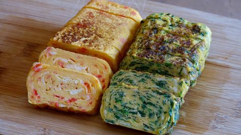 Assorted Tamagoyaki Recipe Tamagoyaki Recipe, Dango Recipe, Recipe Japanese, Egg Hacks, Egg Omelette, Box Recipes, Mapo Tofu, Japanese Recipes, Cooking 101