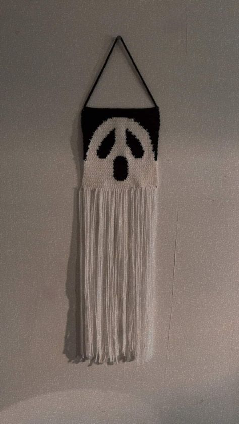 Handmade crochet ghost Halloween wall tapestry Crocheted Ghost Pattern, Crochet Ghost Garland, Crochet Halloween Tapestry, Halloween Crochet Tapestry, Halloween Tapestry Crochet, Crochet Halloween Decor, Crochet Tapestry Ideas, Crochet Wall Tapestry, Yarn Wall Hanging Diy