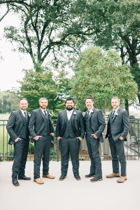 Classic Gray Suits with Cowboy Boots - Country Rustic Outdoor Wedding - Groom Look - Groomsmen Look - Traditional Wedding Suit Groomsmen Boots Suits, Wedding Suits With Boots, Cowboy Boot Groomsmen, Groom In Cowboy Boots, Groomsmen With Boots, Wedding Suit With Cowboy Boots, Cowboy Boot Wedding Groom, Cowboy Boots And Suits Men, Groom Suit With Cowboy Boots