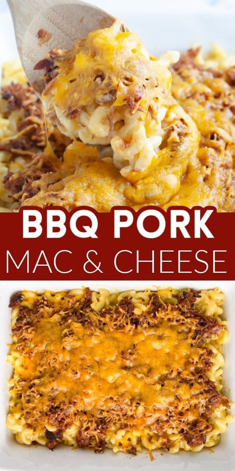 Pulled pork mac and cheese is a great way to use leftover shredded pork. Easy homemade mac and cheese is topped with BBQ pork and baked to perfection. You will love this bbq casserole recipe. Shredded Pork Mac And Cheese, Things To Make With Pulled Pork, Recipes With Leftover Pulled Pork, Recipes For Leftover Pulled Pork, Leftover Bbq Pork Recipes, Recipes With Pulled Pork Leftovers, Recipes With Shredded Pork, Pulled Pork Leftover Ideas, Leftover Shredded Pork Recipes