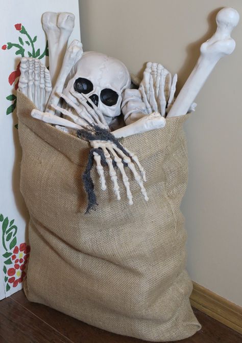 Bag Of Bones Tattoo, Spoopy Aesthetic, Bag Of Bones, Skeleton Model, Bone Tattoos, Bone Art, Skull And Bones, Laundry Bag, Installation Art