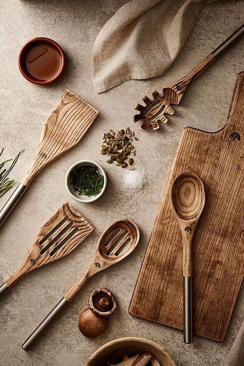 Hoxton 5-Piece Utensil Set by Barbary & Oak Homeware Aesthetic, Kitchen Utensils Aesthetic, Oak Aesthetic, Wood Aesthetic, Wood Utensils, Wooden Kitchen Utensils, Slotted Spoon, Coconut Bowl, Wooden Utensils