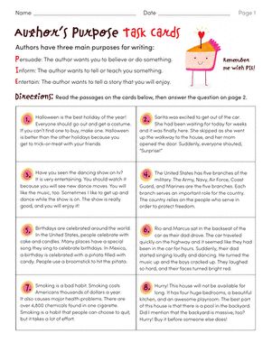 Author’s Purpose Task Cards | Worksheet | Education.com Authors Purpose Activities Middle School, Authors Purpose Middle School, Authors Purpose First Grade, Author's Purpose 3rd Grade Activities, Teaching Authors Purpose, Authors Purpose Pie, Author's Purpose 2nd Grade, Author’s Purpose, Authors Purpose Activities