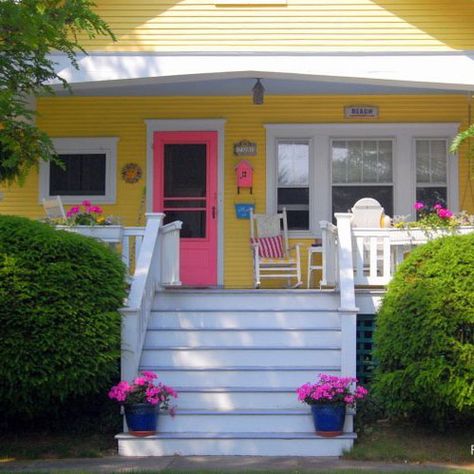 Colorful Front Porch, House With Front Porch, Outdoor House Paint, House With Wrap Around Porch, Yellow House Exterior, Holiday Porch Decor, Bright Front Doors, Painted Porch Floors, Front Porch Decorating Ideas