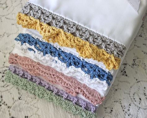 Crochet edge pillowcases Crochet Pillow Case Pattern, Crochet Pillowcase, Crochet Pillow Cases, Patterned Tea Towels, Crochet Edges, Crochet Edgings, Crochet Edging Patterns, Pillowcase Pattern, Crochet Dishcloths