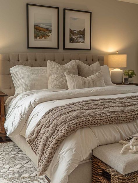 Bedding Color Pallete, Nuetral Pallete Bedroom, Cosy Bedroom Decor, Bedroom Mirrors, Farmhouse Bedroom Furniture, Brown Sofa Living Room, Neutral Interior Design, Tranquil Bedroom, Neutral Bedrooms