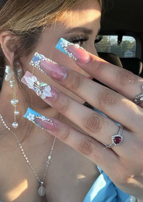 Extra Blinged Out Nails, Nail Tech Hand Poses, Cute Xl Nails, Boujie Nail Designs, Blue Bling Nails Rhinestones, Dominican Republic Nails, Pink And Blue Ombre Nails, Rich Off Nails, Blue Birthday Nails