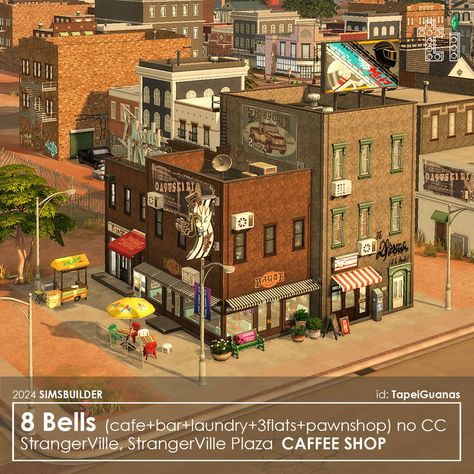 8 Bells - coffe shop, bar, laundry, pawnshop and 3 apartments. StrangerVille, StrangerVille Plaza. Plot size: 20x20. No CC. Download link in biо. 🍒My ID in the game: TapeiGuanas #thesims4 #ts4interiors #ts4build #sims4 #sims4interior #sims4build Sims 4 Strangerville Cc, Sims 4 Shop, Sims 4 Apartments, Sims 4 Strangerville, Building Inspiration, City Sign, Save File, 4th Street, Shop Bar