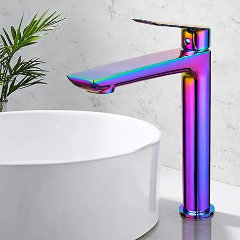 Rainbow Kitchen Ideas, Iridescent Bathroom Decor, Rainbow House Decor, Arcade Basement, Iridescent Kitchen, Rainbow Bathroom, Iridescent Decor, Cool Home Decor, Bathroom Basin Taps