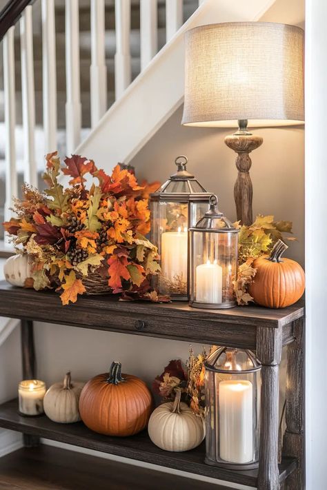 Fall entry table decor with lanterns and autumn foliage Fall Decor Foyer Table, Home Entrance Table Decor, Thanksgiving Entryway Table Decor, Fall Centerpiece Decor, Autumn Entryway Decor, Fall Ladder Decor Ideas, Fall Foyer Table Decor, Photo Decorating Ideas, Porch Autumn Decor