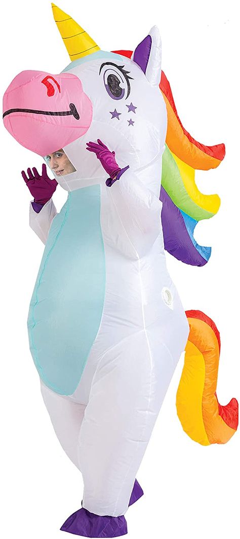 Inflatable Unicorn Costume, Costume Unicorn, Inflatable Unicorn, Riding A Unicorn, Full Body Costumes, Halloween Onesie, Up Costume, Inflatable Costumes, Unicorn Costume