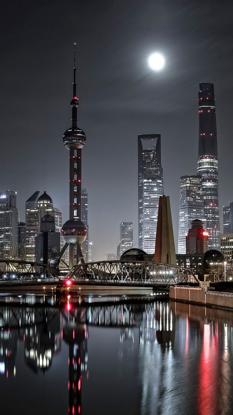 Shanghai Night, City View Night, Shanghai City, Chongqing China, Waterfall Wallpaper, China City, Reflection Photography, Japan Aesthetic, Beijing China