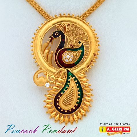 Peacock Pendant For price enquiries use the following link: http://goo.gl/cBBaou http://www.facebook.com/AGeeriPaiBroadway #Geeripai #ageeripai #gold #goldjewellery #jewellery #Diamond Gold Peacock Pendant, Silver Anklets Designs, Pendant Designs, Gold Peacock, Gold Jewellry, Peacock Pendant, Anklet Designs, Jewellery Diamond, Gold Mangalsutra Designs