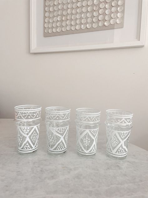 Hand painted moroccan glasses @chabichicmaroc #chabichic #chabichicmorocco @anthropologie #anthroliving #anthrohome Moroccan Clay, Moroccan Ceramics, Moroccan Tea Aesthetic, Moroccan Tableware, Moroccan Glassware, Hand Painted Glasses, Painted Glasses, Place Settings, Sale House