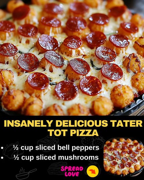 Insanely Delicious Tater Tot Pizza: A Slice of Heaven! Tater Tot Pizza, Tater Tot Appetizers, Cheesy Tater Tot Casserole, Tater Tot Hotdish, Tater Tot Recipes, Greek Appetizers, Mexican Casserole Recipe, Chicken Parmesan Pasta, Diy Pizza