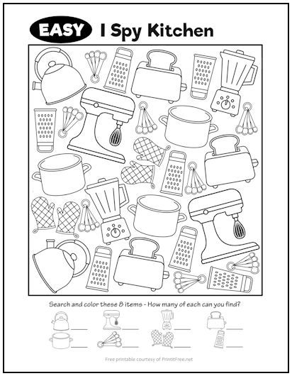 Easy I Spy Kitchen Picture Activity | Print it Free Cooking Theme For Preschool, Chef Preschool Activities, Cooking Worksheets For Preschool, Kitchen Activities For Preschool, Preschool I Spy Free Printables, Classroom Cooking Activities, Little Chef Activities For Kids, Cooking Math Activities, Cooking Theme Preschool Literacy