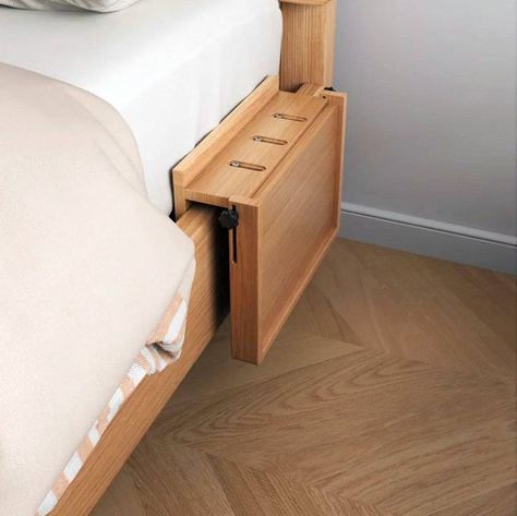 Its wooden construction matches the bed, creating a harmonious look. I love how you can fold it up when you’re not using it, so you’ve got more room to move around! Image credit: INSTAGRAM @OUTOFDECOR Bed Attached Side Table, One Side Bedside Table, Bedroom With Side Tables, Fold Down Bedside Table, Fold Out Bedside Table, Clip On Bedside Table, Space Saving Bedside Table, Folding Bedside Table, Bed Without Side Tables