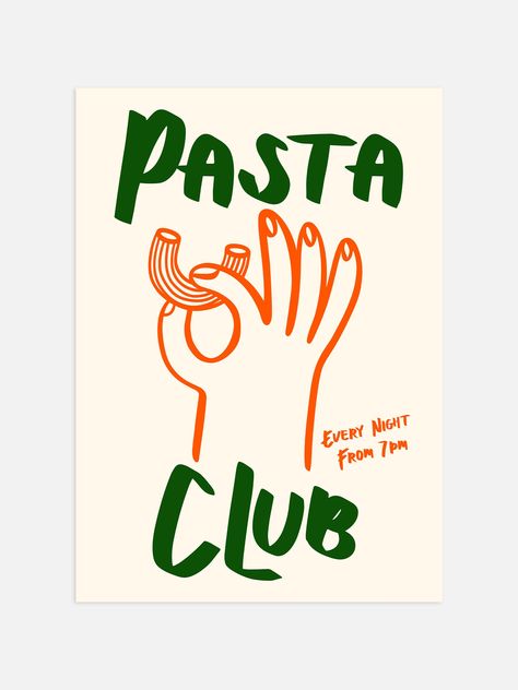 Introducing our mid-century inspired Pasta Club Print in red and blue. This unique print features a hand holding a piece of pasta, perfect for adding a touch of retro charm to any kitchen. Show off your love for pasta and add a fun twist to your decor. Get yours today! Bauhaus Print, Club Poster, Mid Century Scandinavian, Print Ideas, Hand Holding, City Maps, Black And White Abstract, Green Stripes, Unique Print