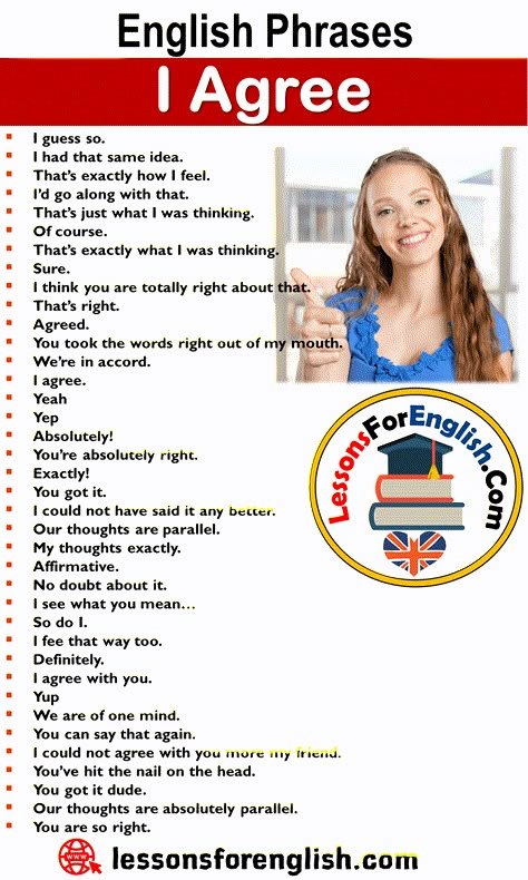 English Phrases – I Agree I guess so. I had that same idea. That’s exactly how I feel. I’d go along with that. That’s just what I was thinking. Of course. That’s exactly what I was thinking. Sure. I think you are totally right about that. That’s right. Agreed. You took the words right out of my mouth. We’re in accord. I agree. Yeah   Yep Absolutely! You’re absolutely right. Exactly! You got it. I could not have said it any better. Our thoughts are parallel. My thoughts exactly. Affirmative. No Got It, Are You Sure About That, I Got It, Phrases English, Phrases For Agreeing, Synonyms Words For Ielts, Ways To Say Yes In English, Useful Phrases In English Essay, English Phrases Idioms For Daily Use