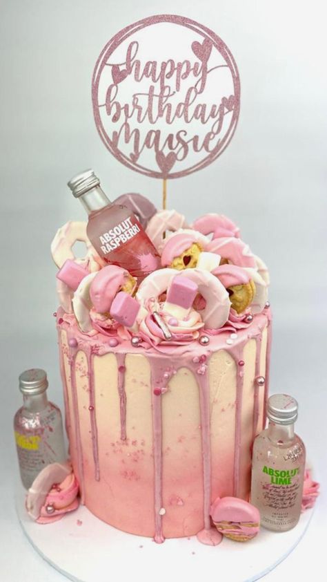 Pink Alcohol Cake, 18th Birthday Cake With Alcohol Bottles, 18th Birthday Cake Alcohol, Alcohol Cake Design, 18birthday Cake, Pink 18th Birthday Cake, 21st Birthday Cakes For Girls Turning 21, 18th Birthday Cakes, Pink Birthday Cake