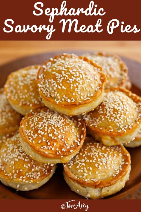 Tilly's Pastelles - A Sephardic recipe from Greg Henry's cookbook, Savory Pies - Meat hand pies with egg, parsley, and herbs sprinkled with sesame seeds. | ToriAvey.com #pastelles #sephardicrecipe #sephardic #savorypie #meatpie #handpie #savorypie #Kosher #holidayrecipe #hanukkah #chanukah #TorisKitchen Jewish Deli Recipes, Sephardic Jewish Recipes, Egyptian Meat Pie, Sephardic Jewish Food, Borekas Recipe, Savory Baking Ideas, Meat Hand Pies Recipes, Savory Pies Meat, Hand Pies Recipes Savory