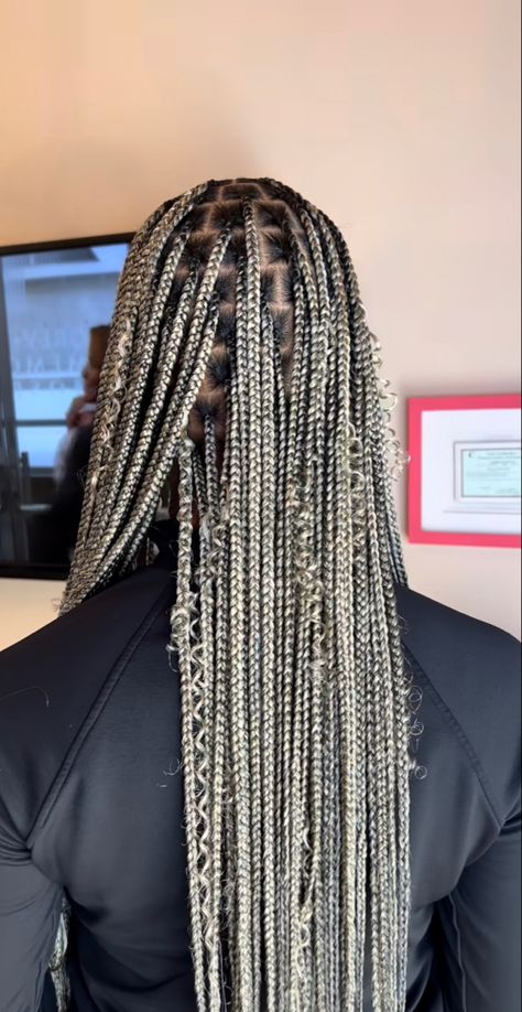 Grey Goddess Braids, Black And White Goddess Braids, Black And White Knotless Braids, Grey Knotless Box Braids, Silver Knotless Braids, Black And Grey Braids, Grey Knotless Braids, Silver Box Braids, Ash Blonde Braids