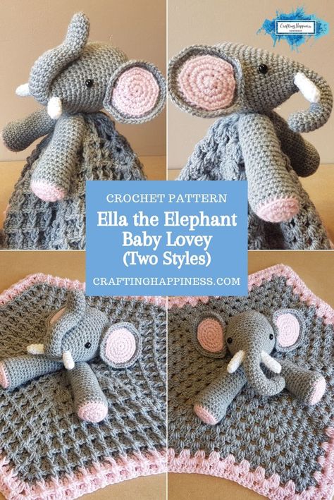 Ella the Elephant Lovey is a crochet pattern for a cute baby security blanket. Make this animal baby lovey with this easy crochet pattern from Crafting Happiness #crochetblankets #crochetafghans #babylovey #babysecurityblanket #crochetstitches #crochetpatterns #crochetanimals #crochetforbaby #crochetprojects #crochetbaby #babyblankets #nurseryideas #babiesnursery #animallovey Elephant Lovey Crochet, Crochet Lovey Free Pattern, Lovey Crochet Pattern, Crochet Elephant Pattern, Elephant Baby Blanket, Lovey Crochet, Lovey Pattern, Crochet Lovey, Diy Bebe