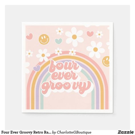 Four Ever Groovy, Two Groovy, Groovy Birthday, Birthday Napkins, Groovy Retro, Girl Rainbow, Retro Rainbow, Pink Birthday, Rainbow Birthday